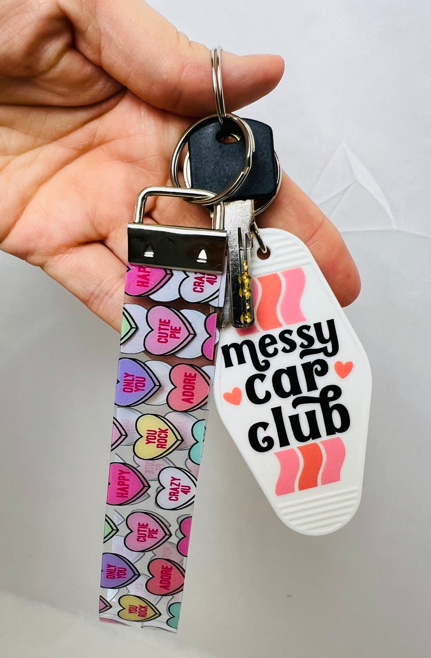 Messy car club motel keychain