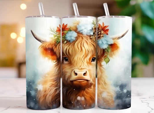 20oz Christmas highland cow tumbler with snow flakes