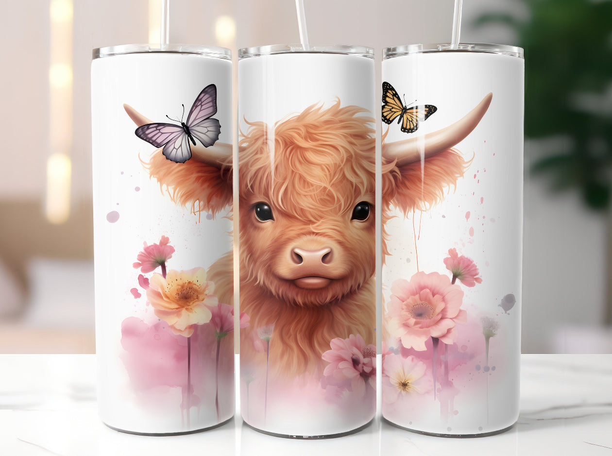 20oz highland cow with butterflies stainless steel tumbler