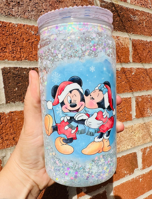 Mr & mrs Christmas mouse acrylic glitter globe tumbler