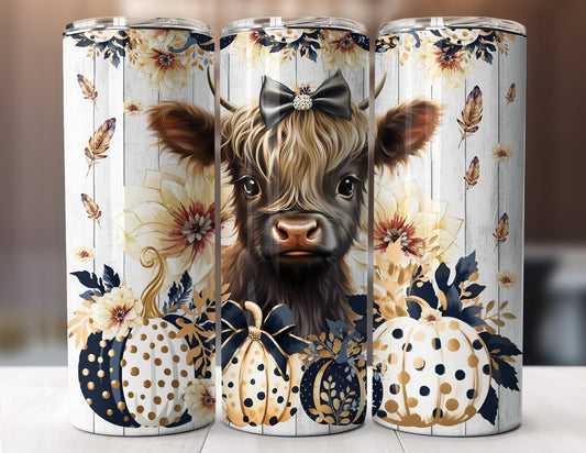 Highland cow with white pumpkin 20oz stainless steel tumbler