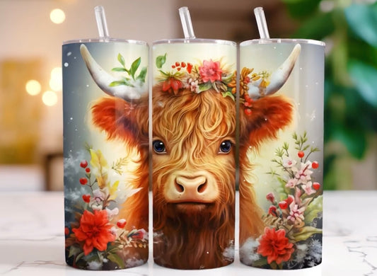 Christmas highland cow with flowers  20oz tumbler