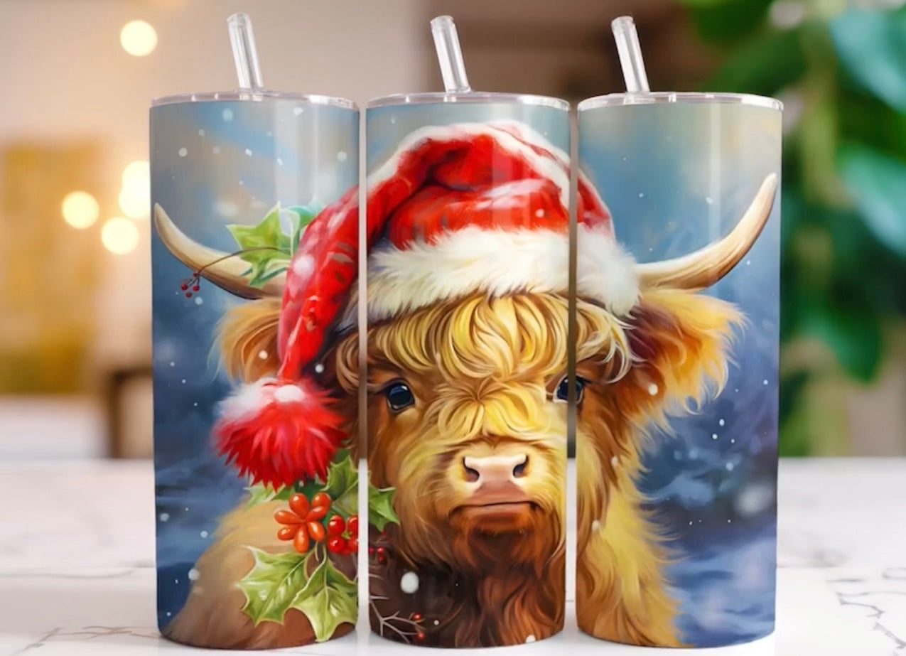 20oz  highland cow with Christmas hat. Tumbler