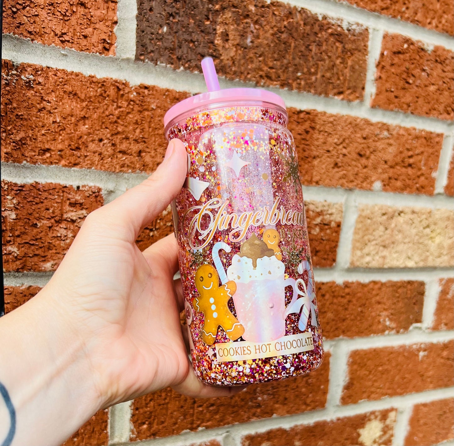 Holographic gingerbread Christmas acrylic glitter globe tumbler with pearl & rhinestone mix lid