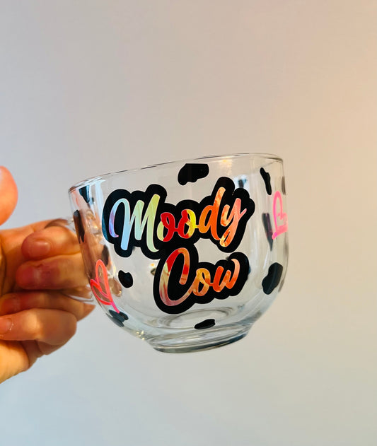 Moody cow glass mug with matching keyring