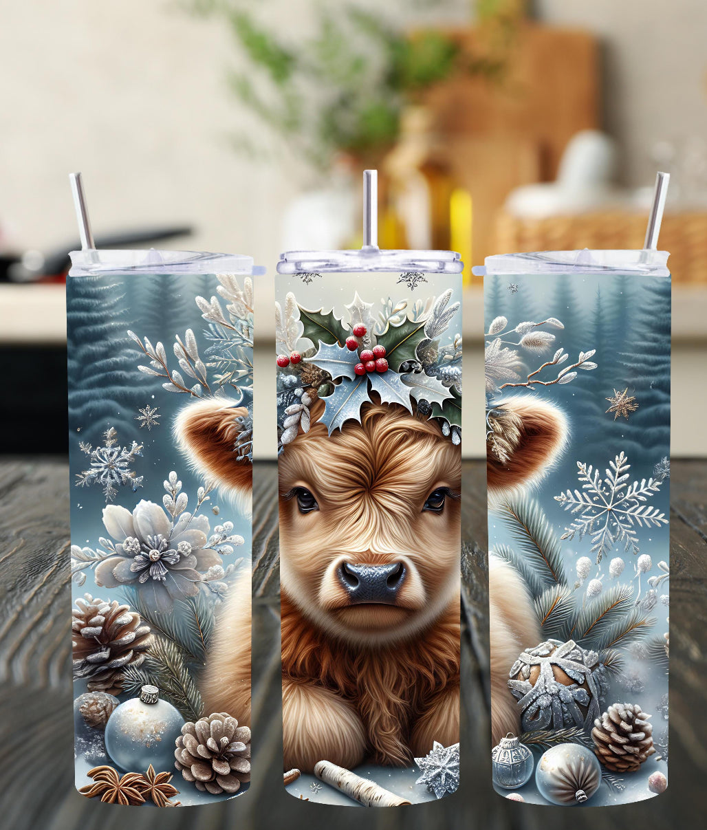 ❄️ 20oz  frosted Christmas highland cow stainless steel tumbler ❄️