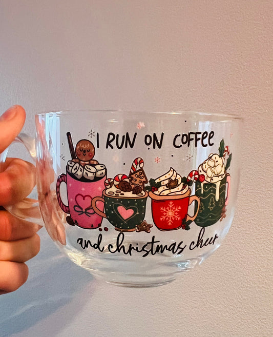 I run on coffee large glass mug