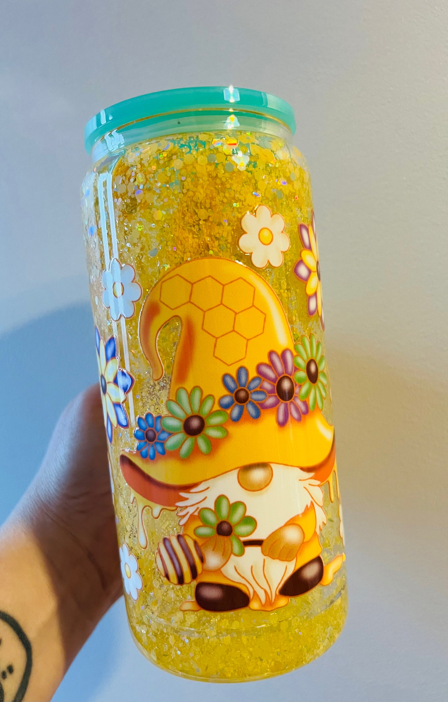 Honey gonk 16oz glass glitter globe tumbler