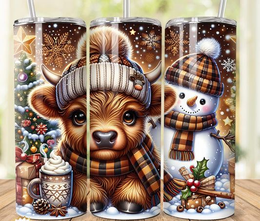 Christmas highland cow with snowman 20oz stainless steel tumbler