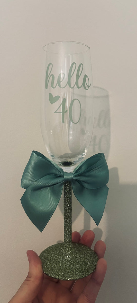 Glitter stem hello 40 champagne flute