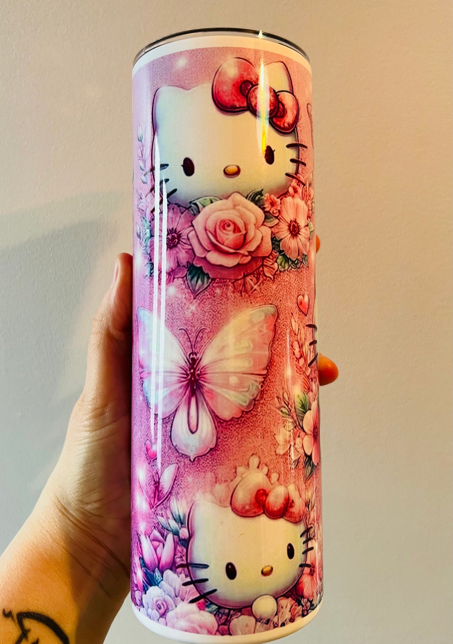 Pink kitty & Butterfly 20oz stainless steel tumbler