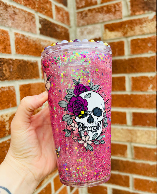 16oz skull and rose snow globe tumbler