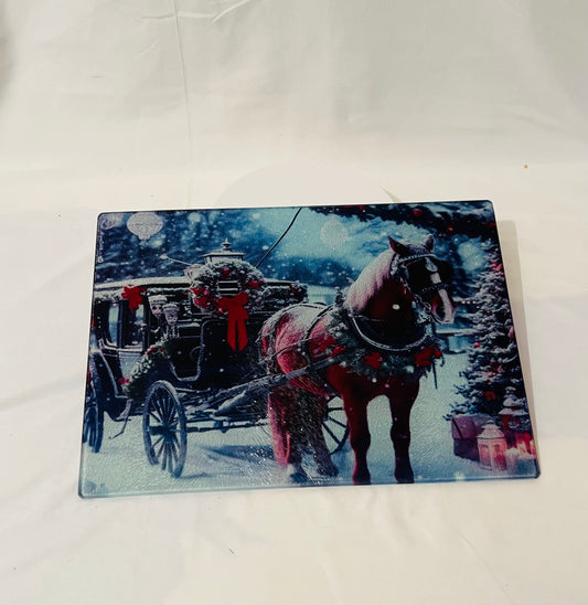 Glass chopping board Christmas horse & carriag