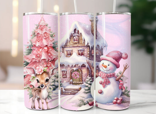 Pink Christmas  snowman tumbler