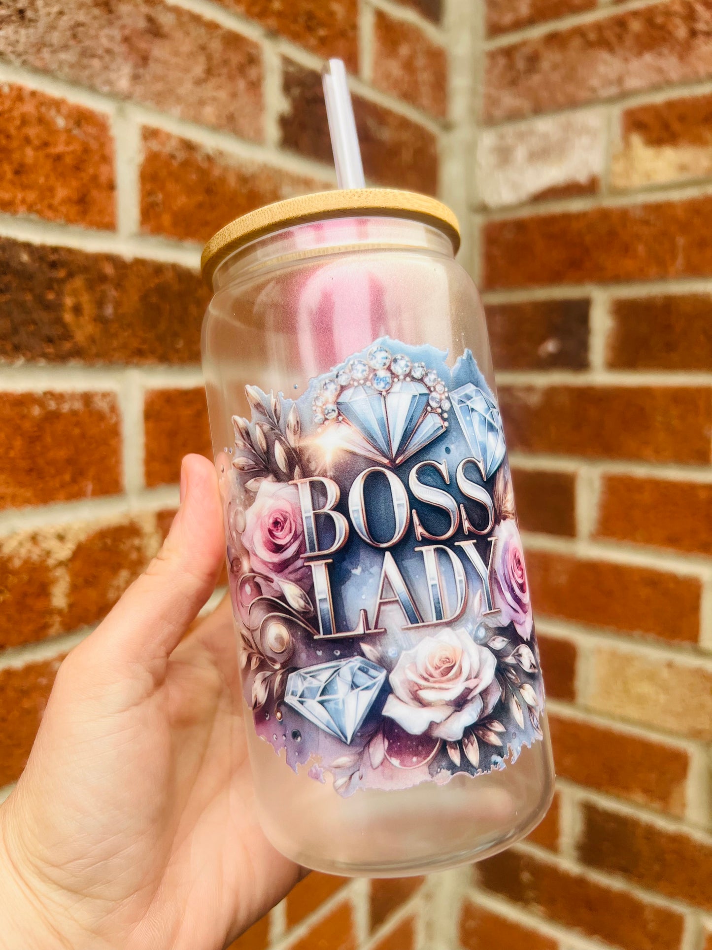 16oz pink shimmer Boss lady glass