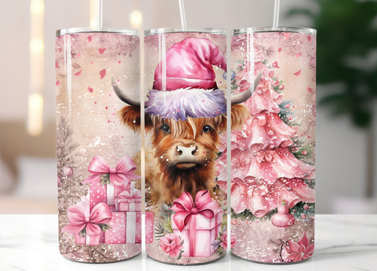 Pink Christmas highland cow tumbler