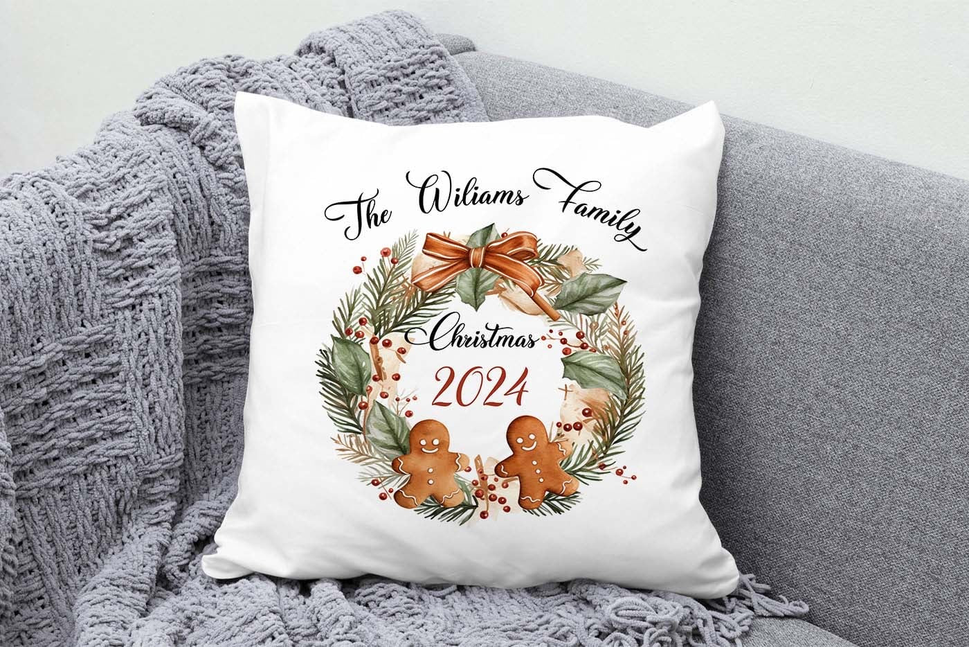 Gingerbread wreath family Christmas cushion cover